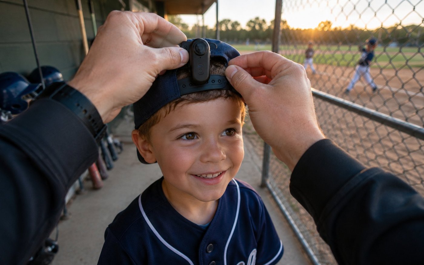 Clipping the Treklon 4S onto a kid's baseball cap at the field