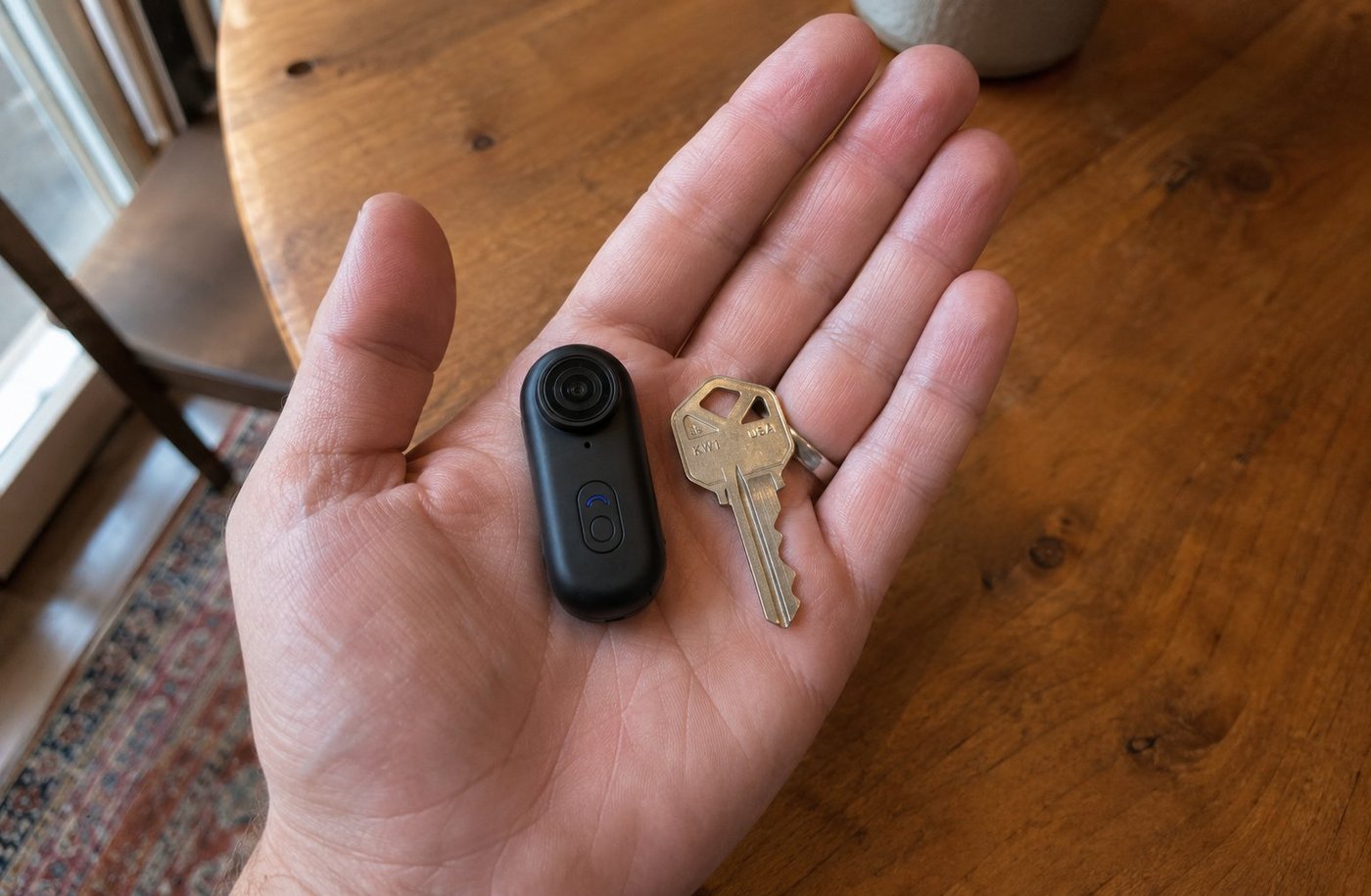 Treklon 4S in an open palm next to a house key for scale